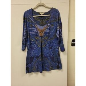 Live Let Live Woman 2X Tunic Top Blue Paisley Beaded Detail Long Sleeve 2xl